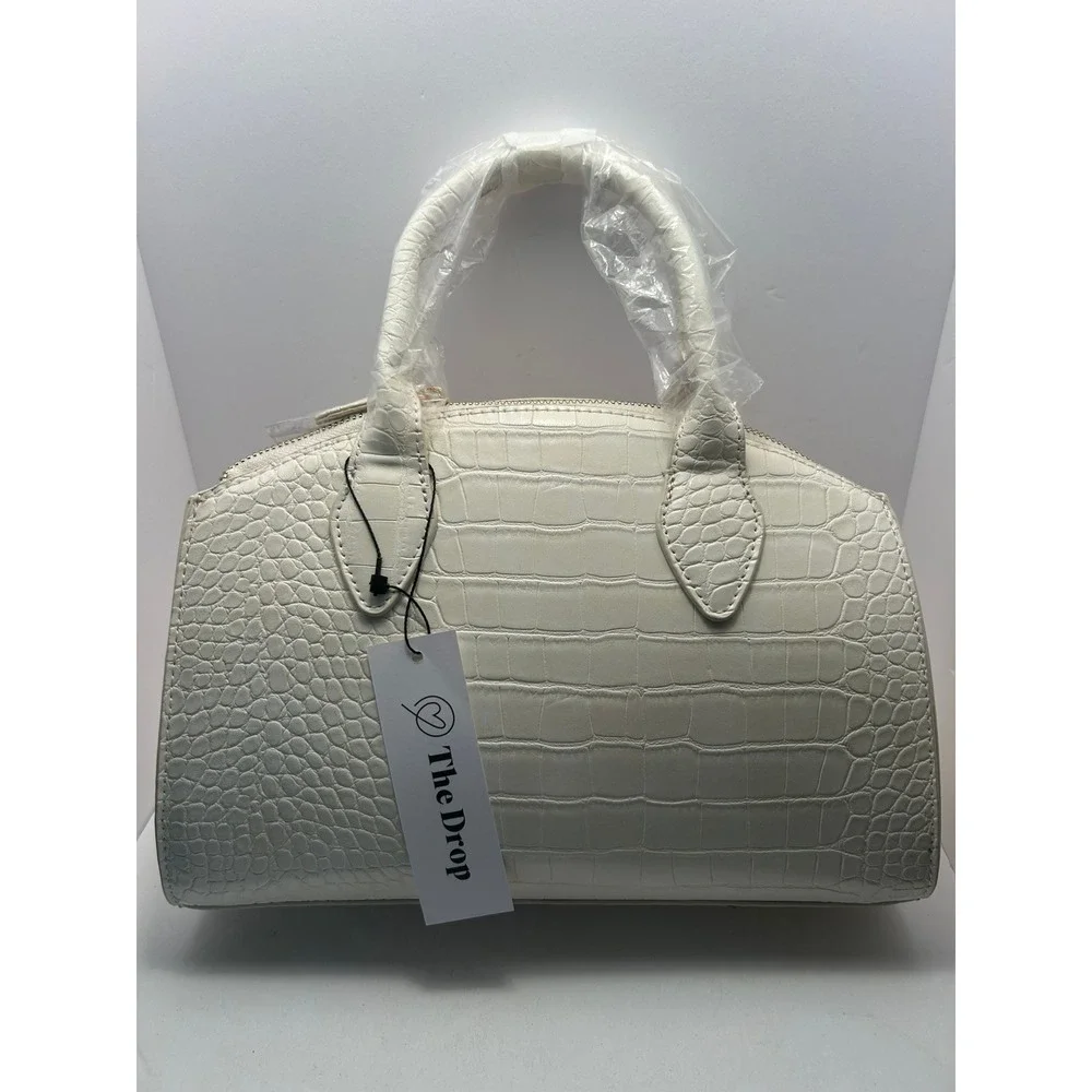 The Drop White Croc Embossed Faux Leather Satchel Handbag Gold Hardware NEW